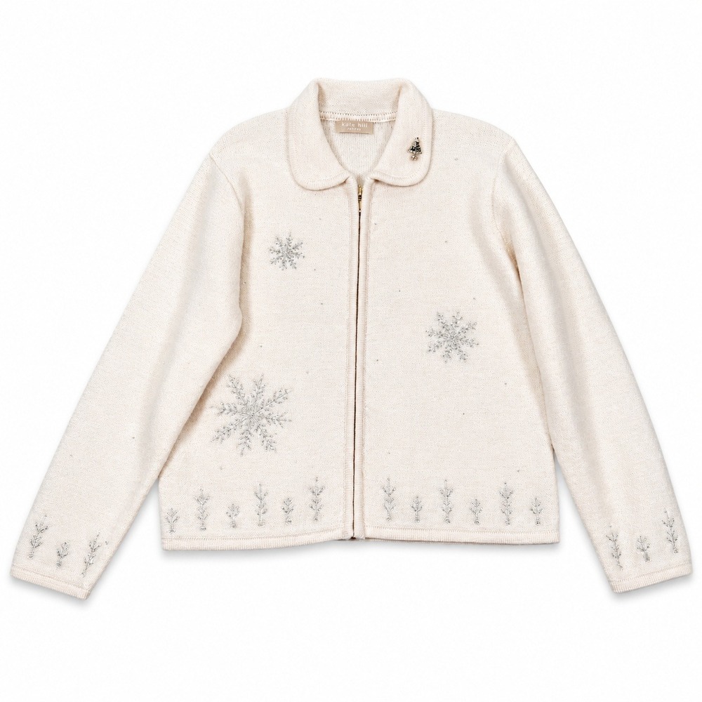 Kate Hill Wool Zip Cardigan Womens M Cream Snowflake Holiday Sweater Vintage 90s